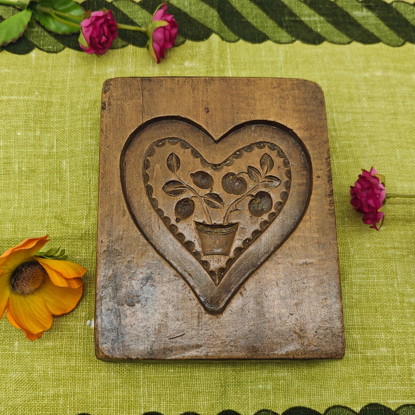 Springerle form wooden model baking form antique heart oak carved flower bouquet peacock bird lily of the valley roses decoration country house