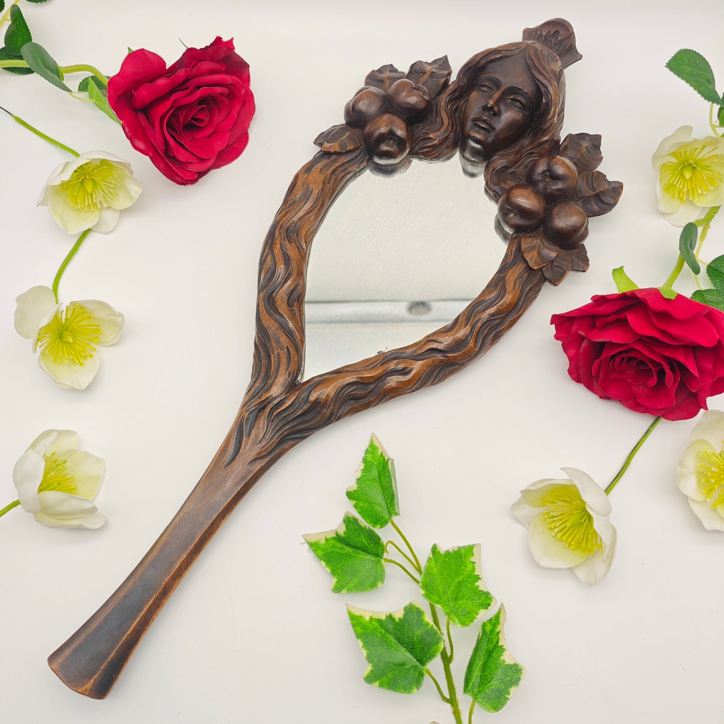 Hand mirror wood Art Nouveau carving Vanity Beauty dressing table boudoir Bridesmaid bride French antique Snow White fairytale mirror