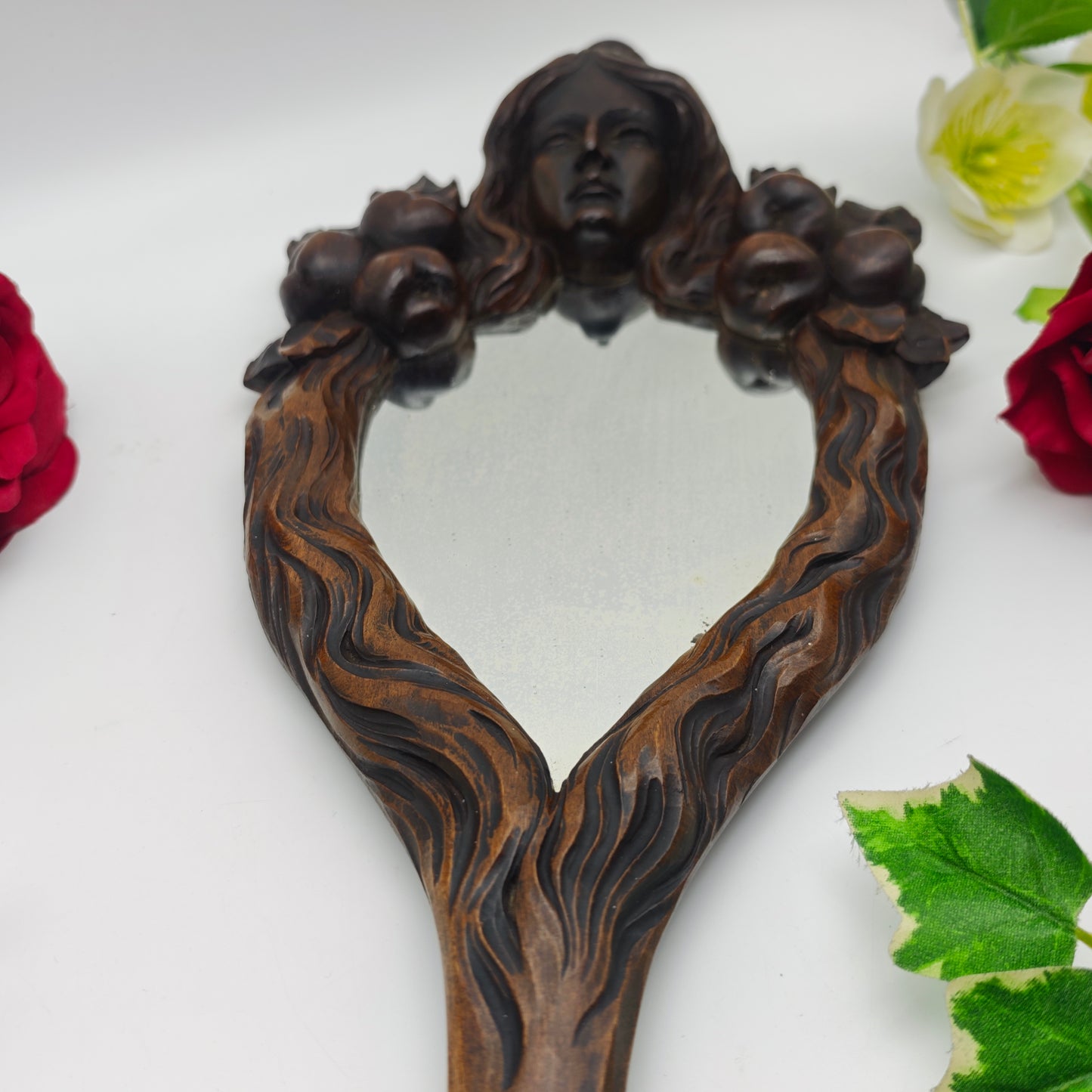Hand mirror wood Art Nouveau carving Vanity Beauty dressing table boudoir Bridesmaid bride French antique Snow White fairytale mirror