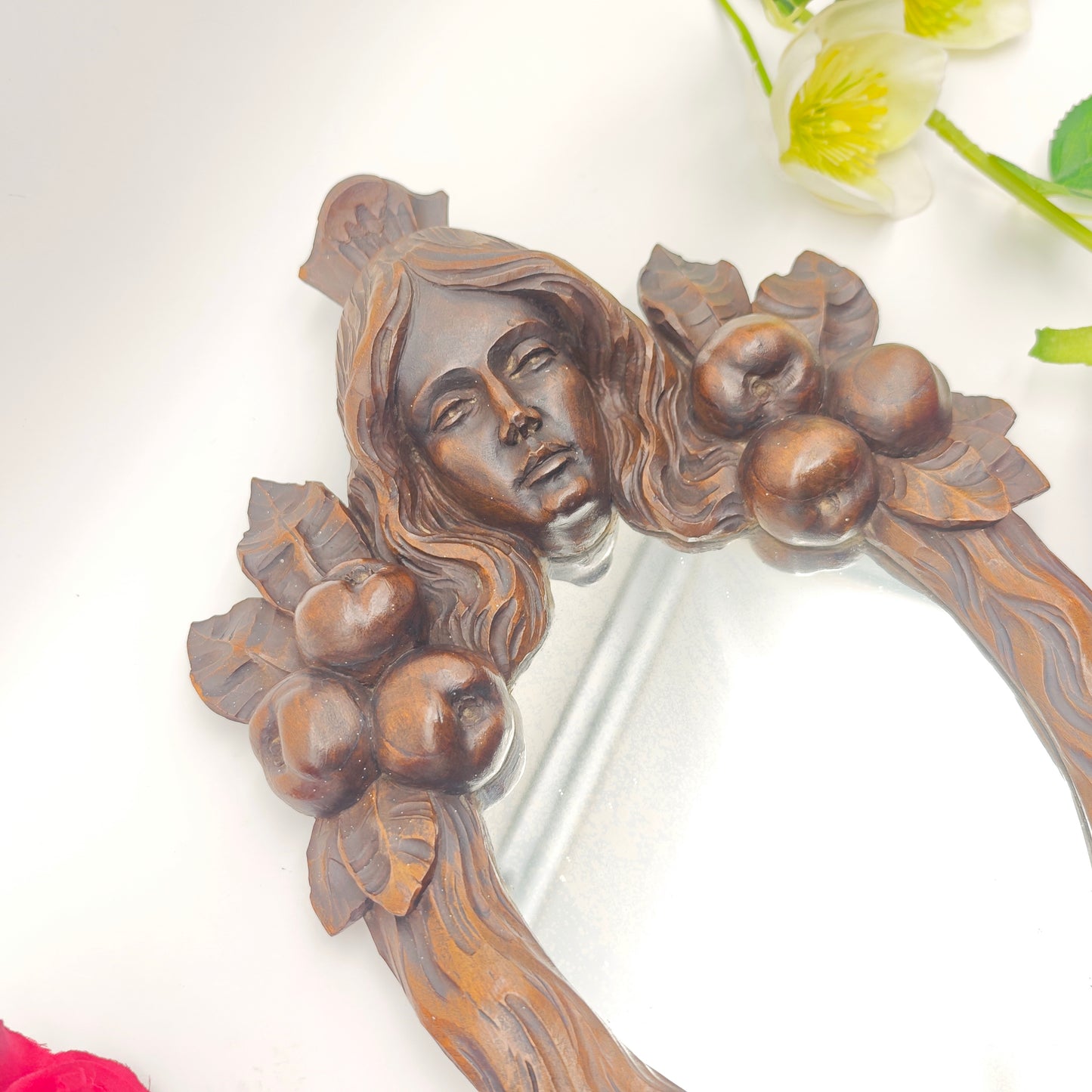 Hand mirror wood Art Nouveau carving Vanity Beauty dressing table boudoir Bridesmaid bride French antique Snow White fairytale mirror
