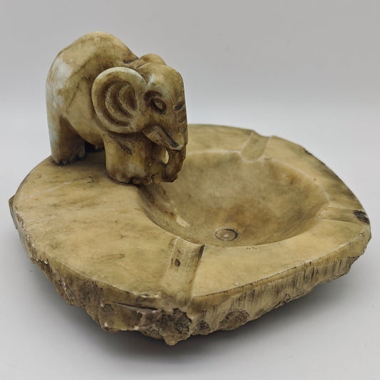 Alabaster ashtray elephant hand carved Spain vintage solid cigar mid century style stone