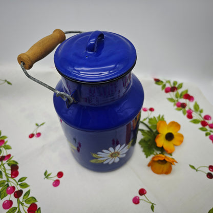 Milk jug blue chamomile enamel vintage decoration planter herb pot handle lid shabby chic country house decoration cottagecore farmcore grannycore