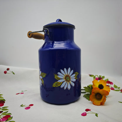 Milk jug blue chamomile enamel vintage decoration planter herb pot handle lid shabby chic country house decoration cottagecore farmcore grannycore