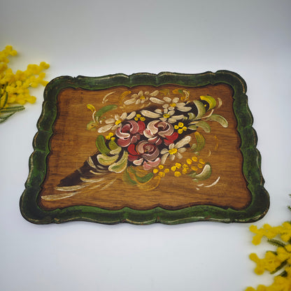 Wooden tray with peasant painting flowers roses midcentury country house hand-painted vintage folk art Bavarian entrance handcrafted Alpine vintage