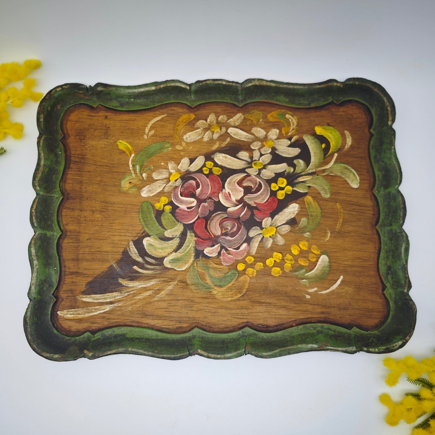Wooden tray with peasant painting flowers roses midcentury country house hand-painted vintage folk art Bavarian entrance handcrafted Alpine vintage