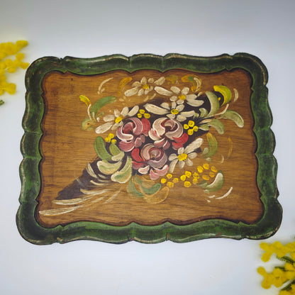 Wooden tray with peasant painting flowers roses midcentury country house hand-painted vintage folk art Bavarian entrance handcrafted Alpine vintage