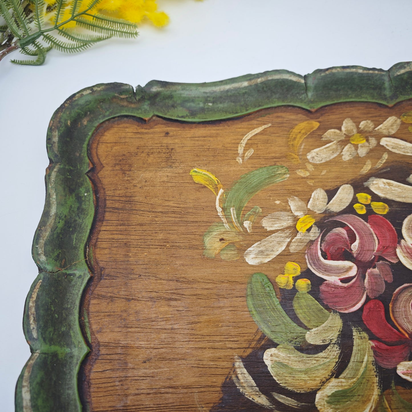 Wooden tray with peasant painting flowers roses midcentury country house hand-painted vintage folk art Bavarian entrance handcrafted Alpine vintage