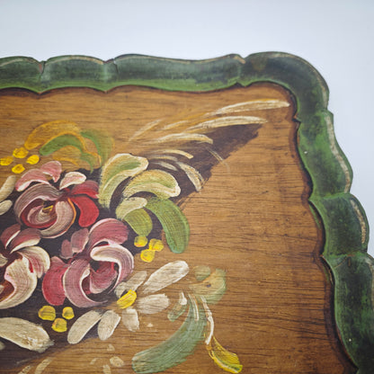 Wooden tray with peasant painting flowers roses midcentury country house hand-painted vintage folk art Bavarian entrance handcrafted Alpine vintage