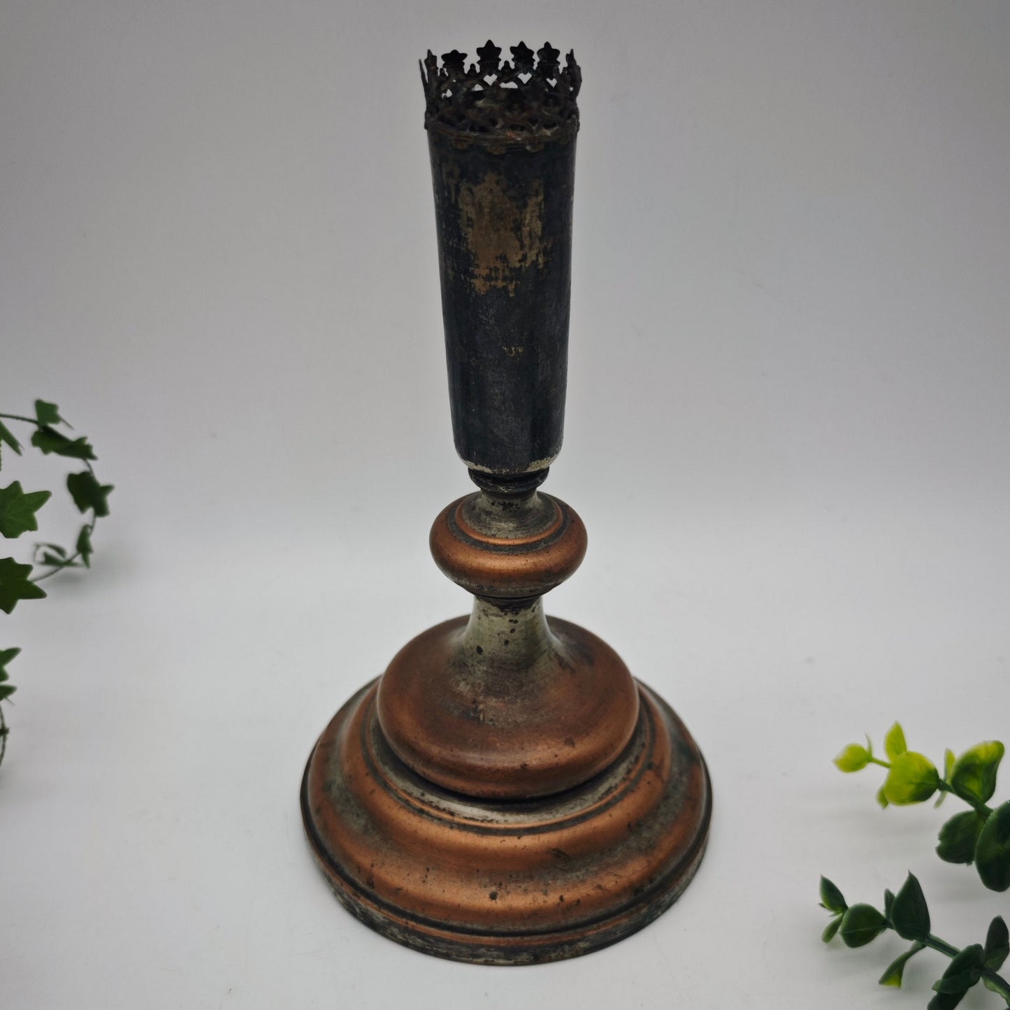 Candle holder copper silver-plated antique metal Wilhelminian era sacred ornaments lilies stars Gothic home altar