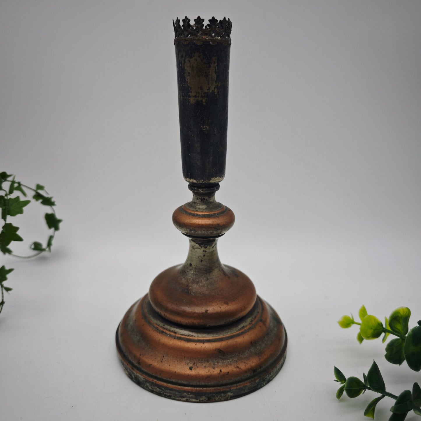 Candle holder copper silver-plated antique metal Wilhelminian era sacred ornaments lilies stars Gothic home altar