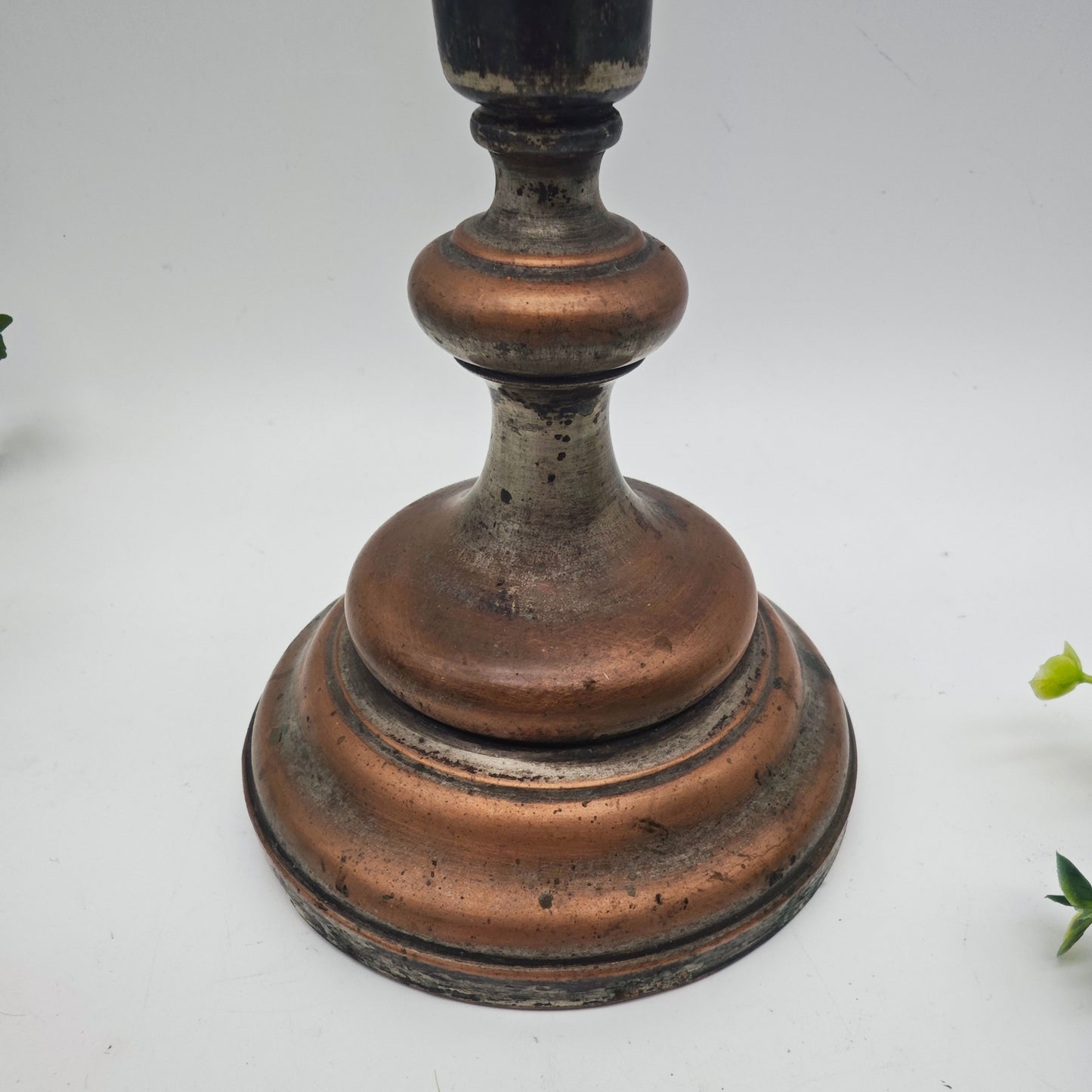 Candle holder copper silver-plated antique metal Wilhelminian era sacred ornaments lilies stars Gothic home altar