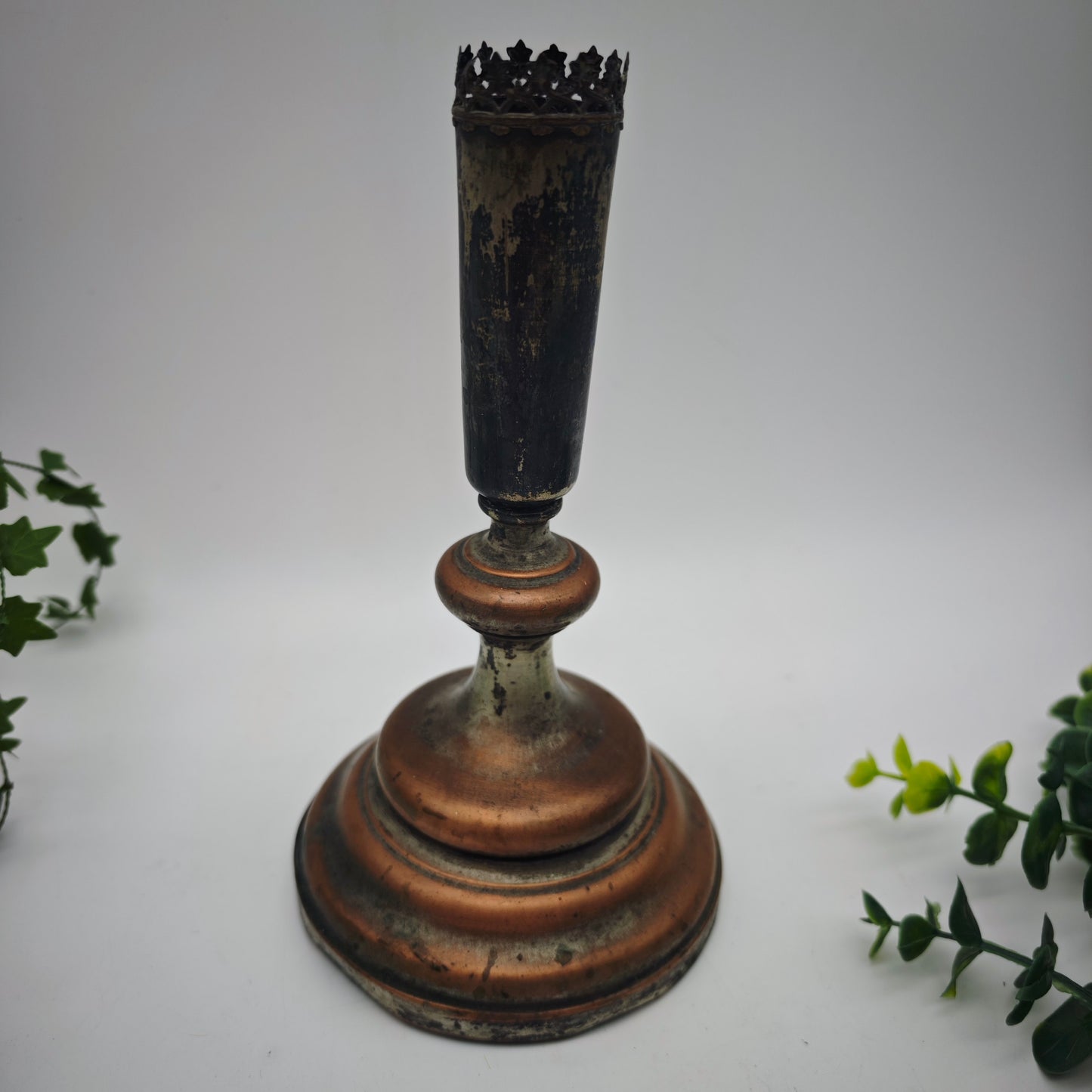 Candle holder copper silver-plated antique metal Wilhelminian era sacred ornaments lilies stars Gothic home altar