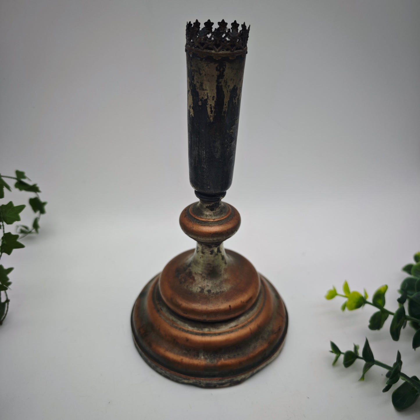 Candle holder copper silver-plated antique metal Wilhelminian era sacred ornaments lilies stars Gothic home altar