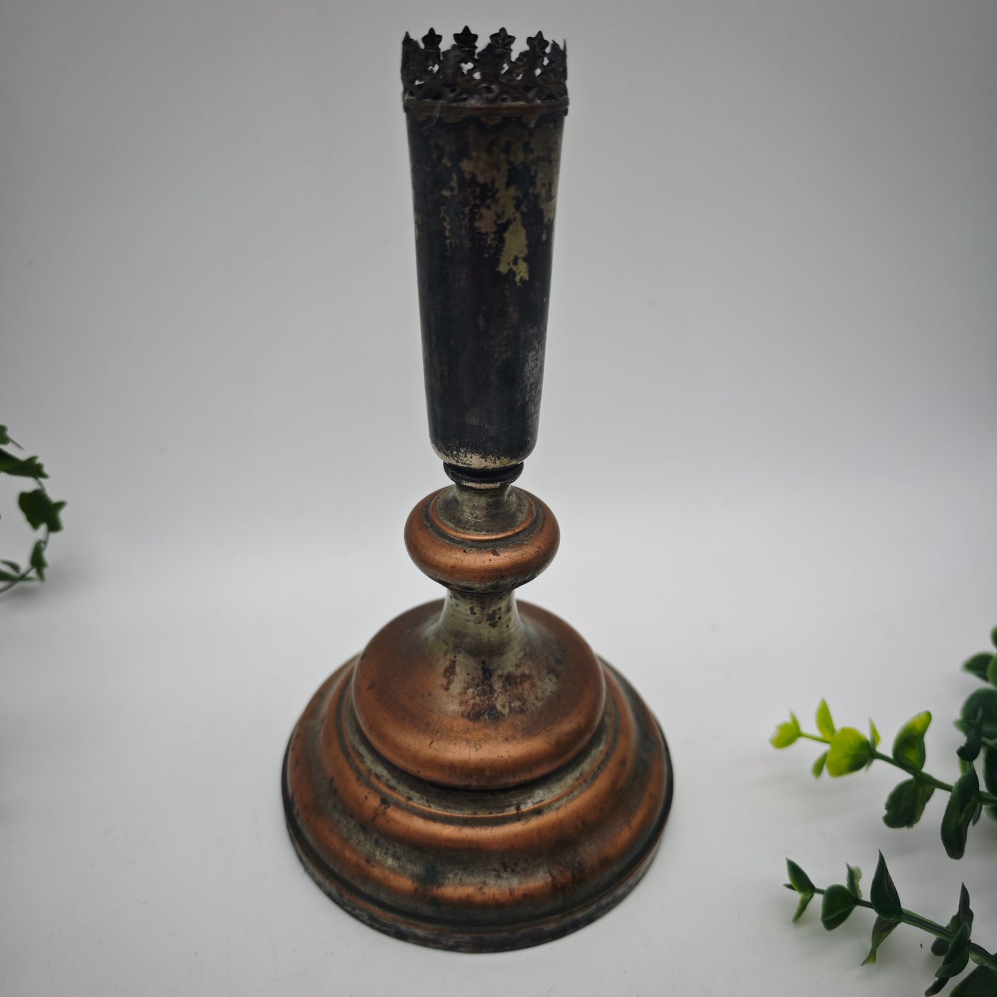 Candle holder copper silver-plated antique metal Wilhelminian era sacred ornaments lilies stars Gothic home altar