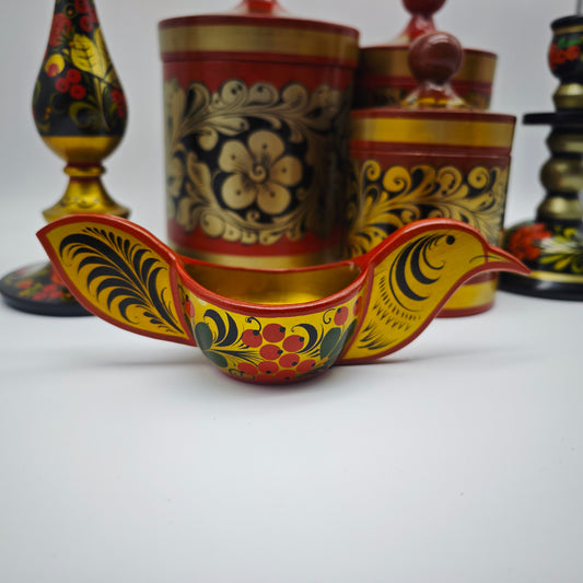 6x traditionelle russische Dekoration Kerzenhalter Behälter Vogelschale Khokhloma Volkskunst rot goldfarben Blumenmotive Matroshka vintage