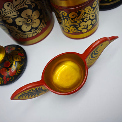 6x traditional Russian decoration candle holder container bird bowl Khokhloma folk art red gold colored floral motifs Matroshka vintage