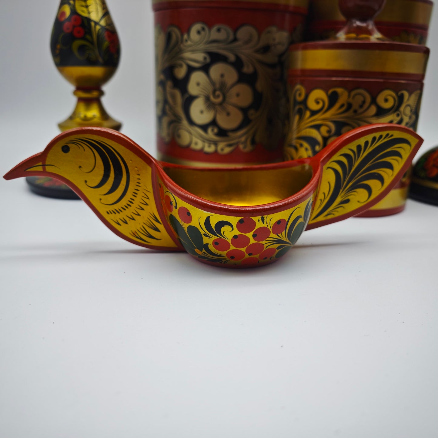 6x traditional Russian decoration candle holder container bird bowl Khokhloma folk art red gold colored floral motifs Matroshka vintage