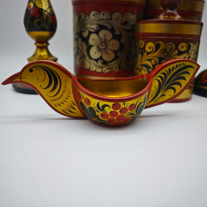 6x traditional Russian decoration candle holder container bird bowl Khokhloma folk art red gold colored floral motifs Matroshka vintage