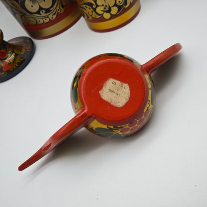 6x traditional Russian decoration candle holder container bird bowl Khokhloma folk art red gold colored floral motifs Matroshka vintage