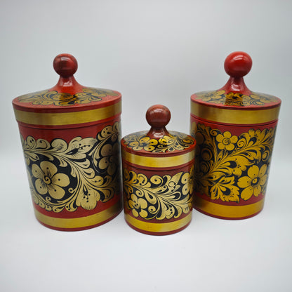 6x traditional Russian decoration candle holder container bird bowl Khokhloma folk art red gold colored floral motifs Matroshka vintage