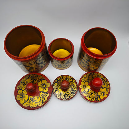 6x traditional Russian decoration candle holder container bird bowl Khokhloma folk art red gold colored floral motifs Matroshka vintage
