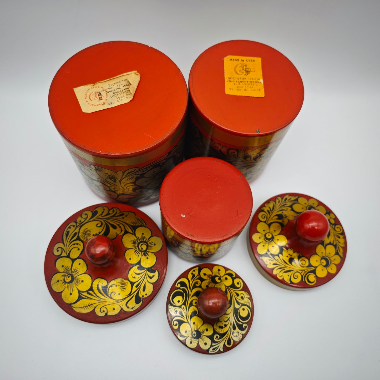 6x traditional Russian decoration candle holder container bird bowl Khokhloma folk art red gold colored floral motifs Matroshka vintage