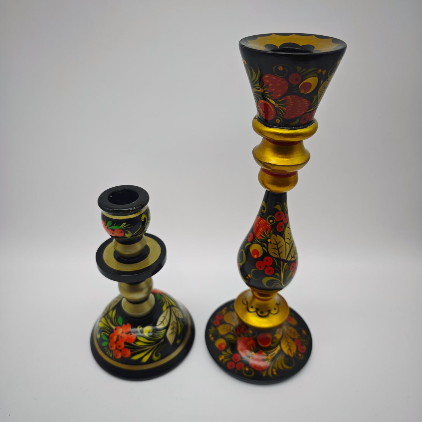 6x traditional Russian decoration candle holder container bird bowl Khokhloma folk art red gold colored floral motifs Matroshka vintage