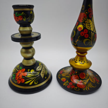 6x traditional Russian decoration candle holder container bird bowl Khokhloma folk art red gold colored floral motifs Matroshka vintage