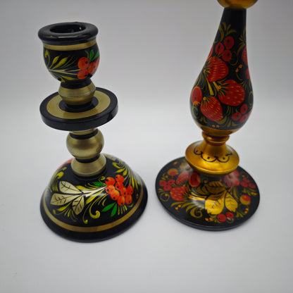 6x traditional Russian decoration candle holder container bird bowl Khokhloma folk art red gold colored floral motifs Matroshka vintage