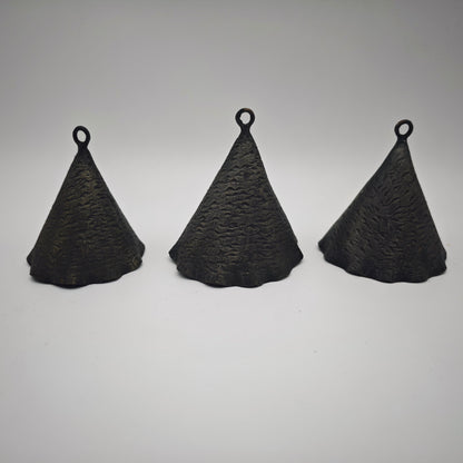 3x metal bells in cone shape wavy set decoration rituals meditation clearing gift vintage wrought iron healing frequency sound healing
