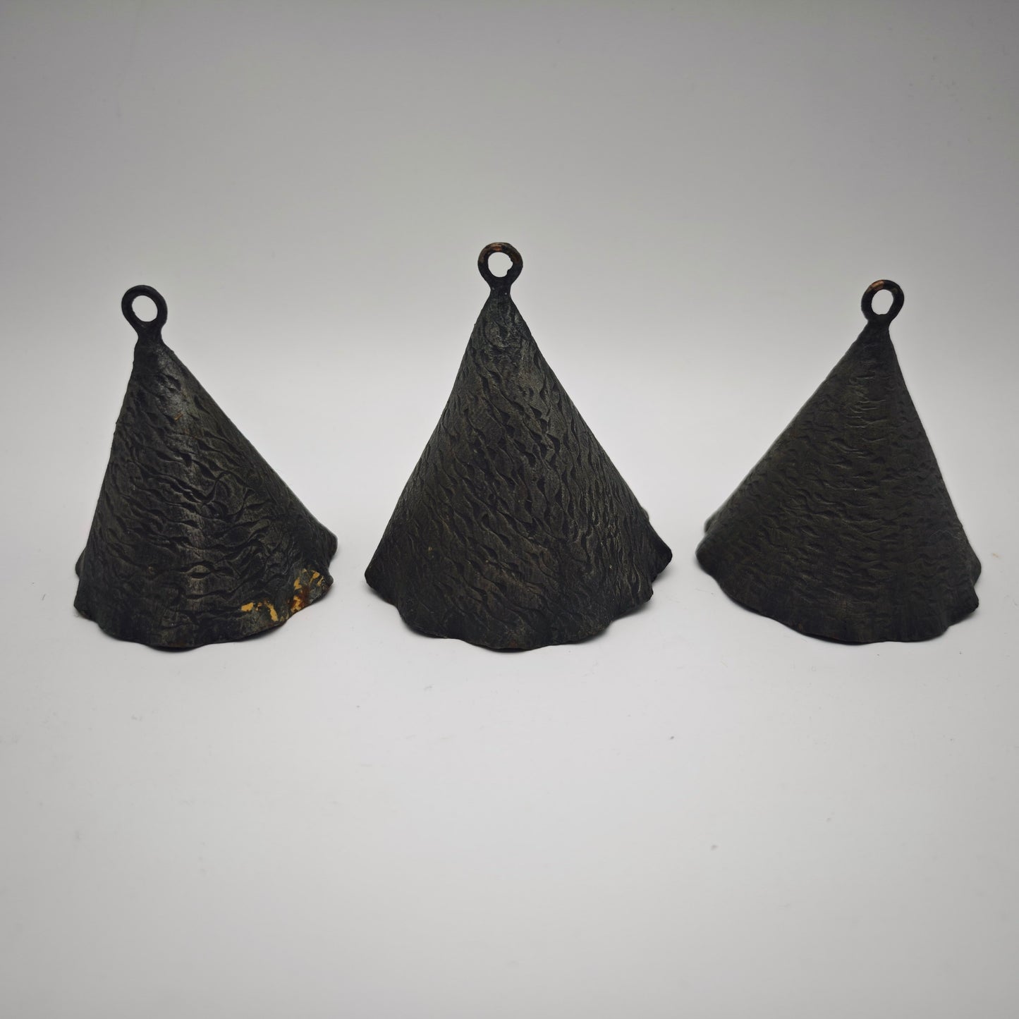 3x metal bells in cone shape wavy set decoration rituals meditation clearing gift vintage wrought iron healing frequency sound healing