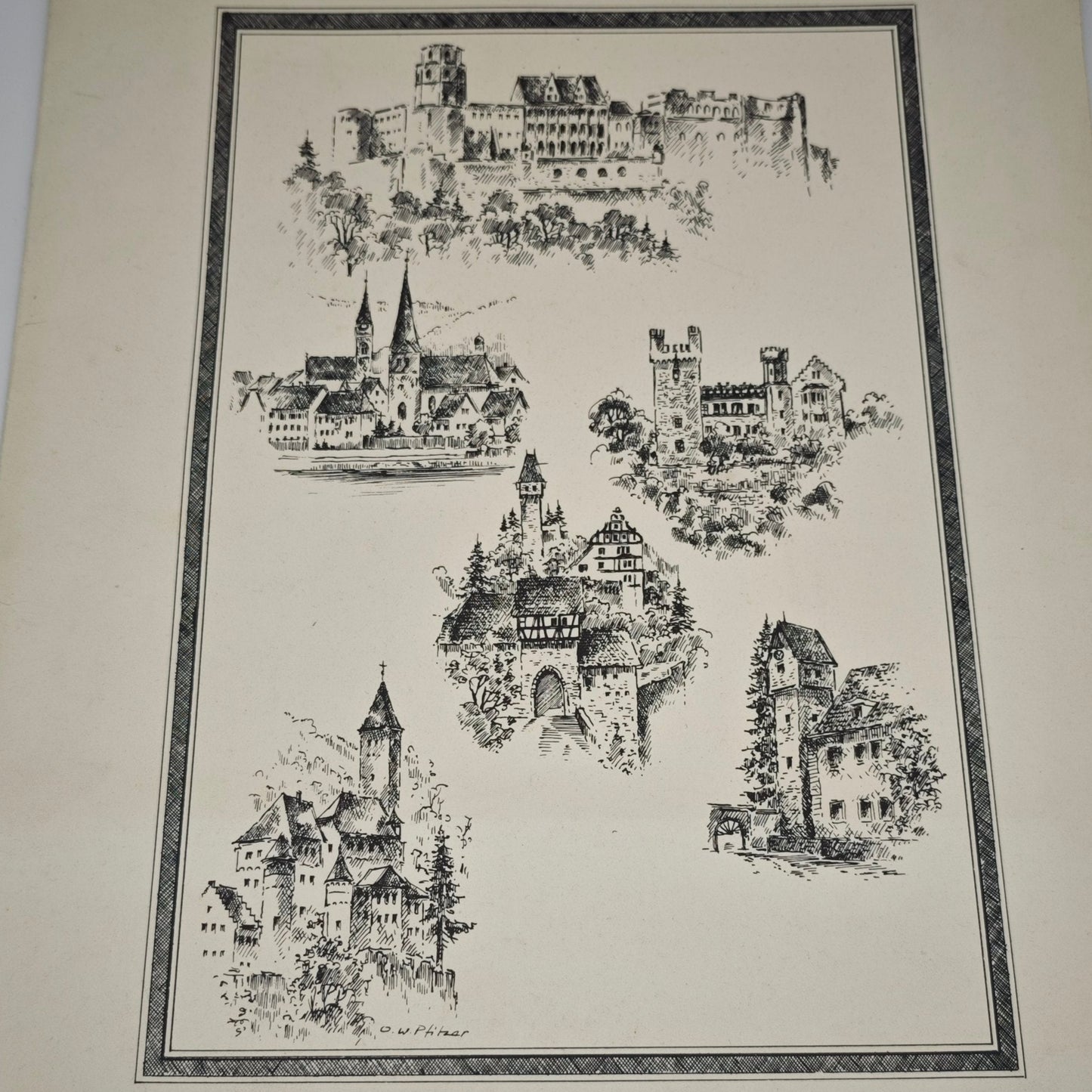 5 Radierungen Romantisches Heidelberg & Neckartal von Otto W. Pfitzer Schloss Kunst Zwingenberg Burg  Hirschhorn Panorama Ufer Neckargemünd Neckarsteinach