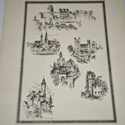 5 Radierungen Romantisches Heidelberg & Neckartal von Otto W. Pfitzer Schloss Kunst Zwingenberg Burg  Hirschhorn Panorama Ufer Neckargemünd Neckarsteinach