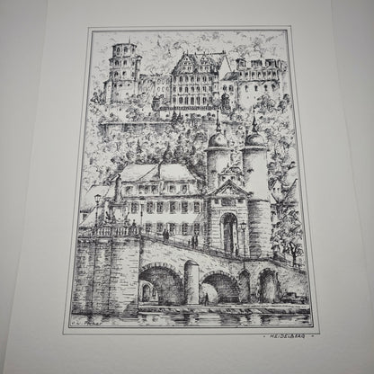 5 Radierungen Romantisches Heidelberg & Neckartal von Otto W. Pfitzer Schloss Kunst Zwingenberg Burg  Hirschhorn Panorama Ufer Neckargemünd Neckarsteinach