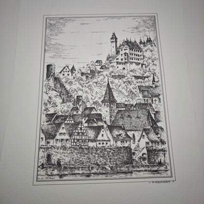 5 Radierungen Romantisches Heidelberg & Neckartal von Otto W. Pfitzer Schloss Kunst Zwingenberg Burg  Hirschhorn Panorama Ufer Neckargemünd Neckarsteinach