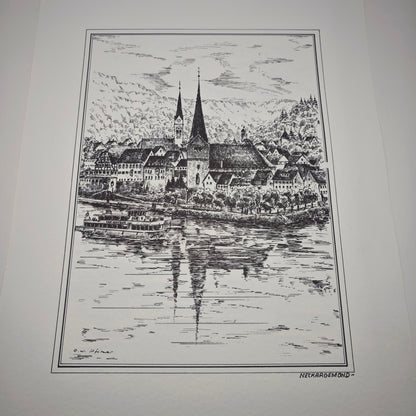 5 Radierungen Romantisches Heidelberg & Neckartal von Otto W. Pfitzer Schloss Kunst Zwingenberg Burg  Hirschhorn Panorama Ufer Neckargemünd Neckarsteinach