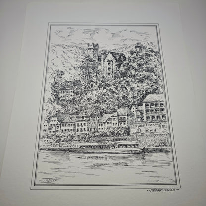5 Radierungen Romantisches Heidelberg & Neckartal von Otto W. Pfitzer Schloss Kunst Zwingenberg Burg  Hirschhorn Panorama Ufer Neckargemünd Neckarsteinach