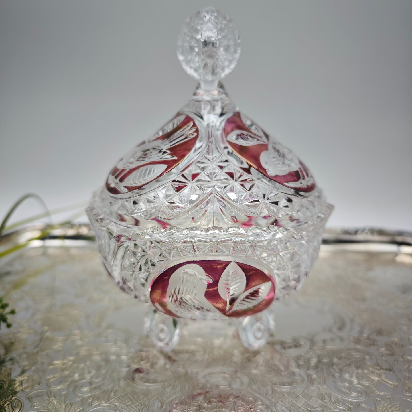 Bonboniere crystal glass cut bird red lead crystal sparkling crystal noble festive vintage sugar bowl candy bowl
