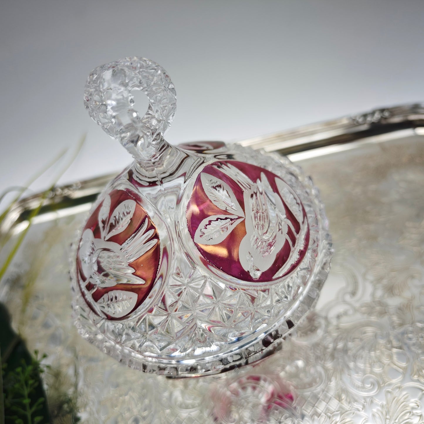 Bonboniere crystal glass cut bird red lead crystal sparkling crystal noble festive vintage sugar bowl candy bowl