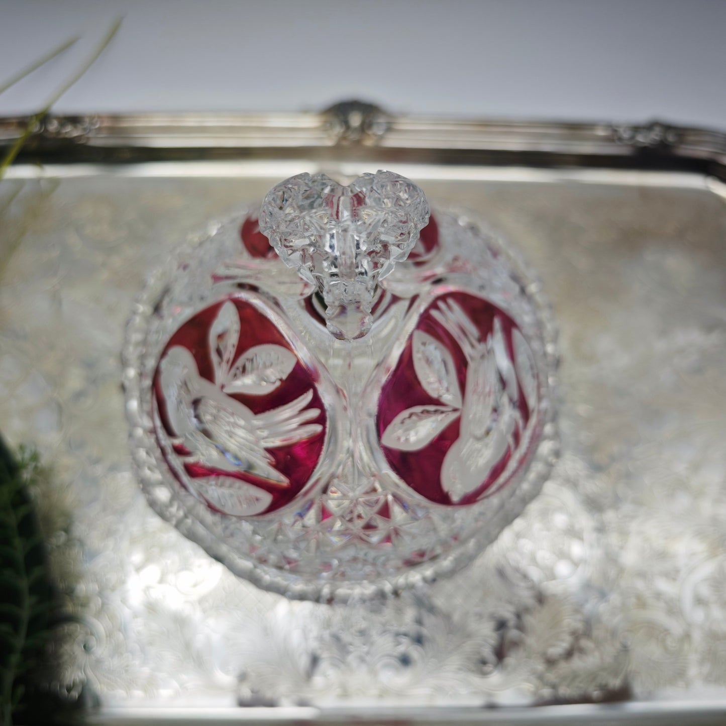 Bonboniere crystal glass cut bird red lead crystal sparkling crystal noble festive vintage sugar bowl candy bowl