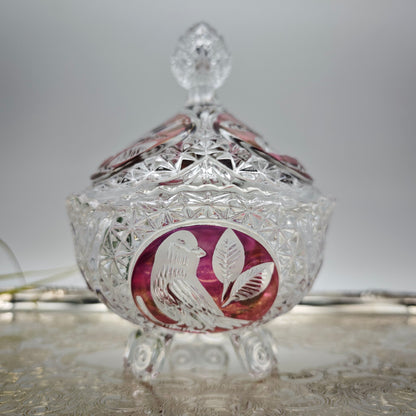Bonboniere crystal glass cut bird red lead crystal sparkling crystal noble festive vintage sugar bowl candy bowl