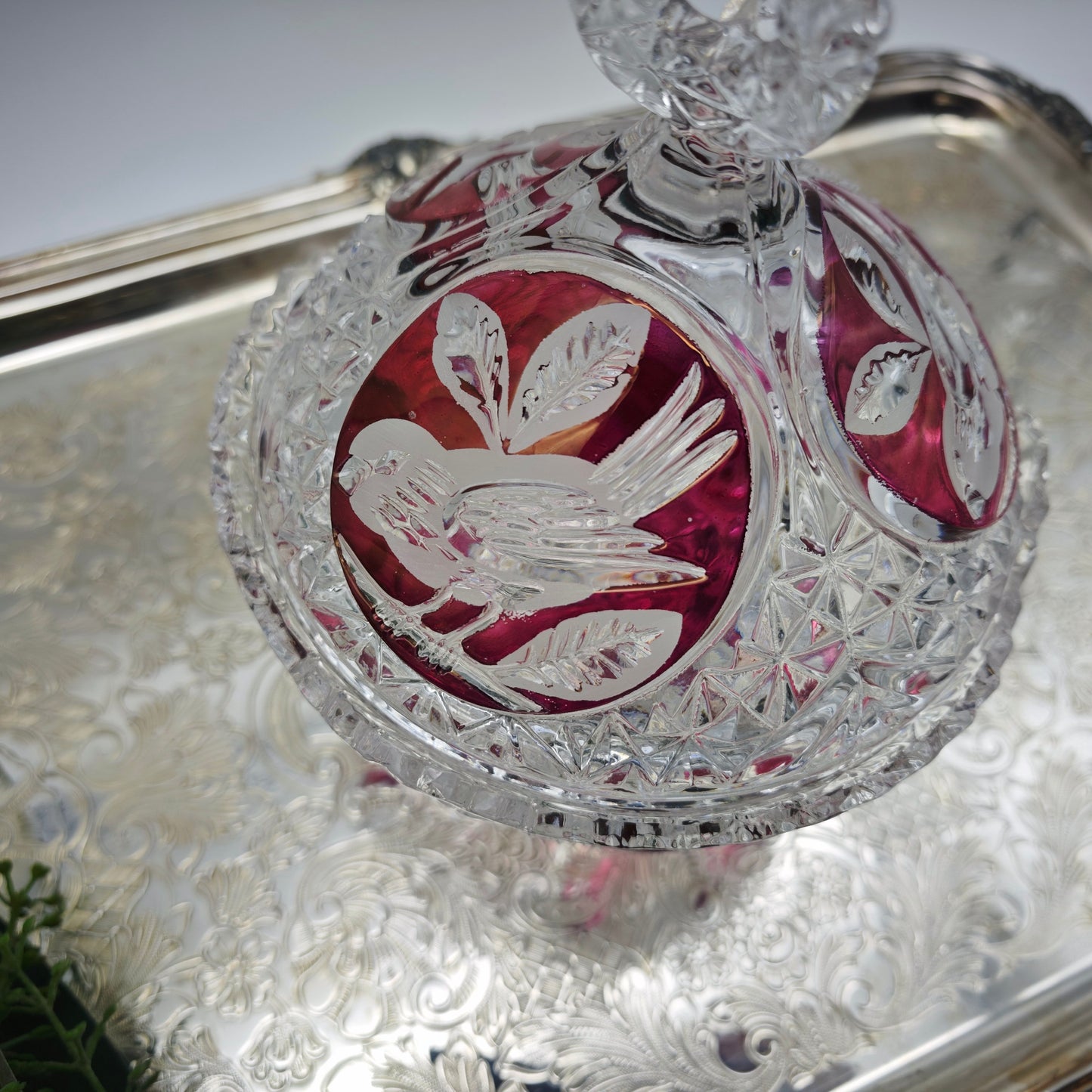 Bonboniere crystal glass cut bird red lead crystal sparkling crystal noble festive vintage sugar bowl candy bowl
