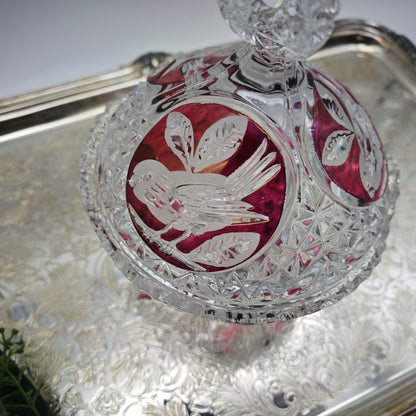 Bonboniere crystal glass cut bird red lead crystal sparkling crystal noble festive vintage sugar bowl candy bowl