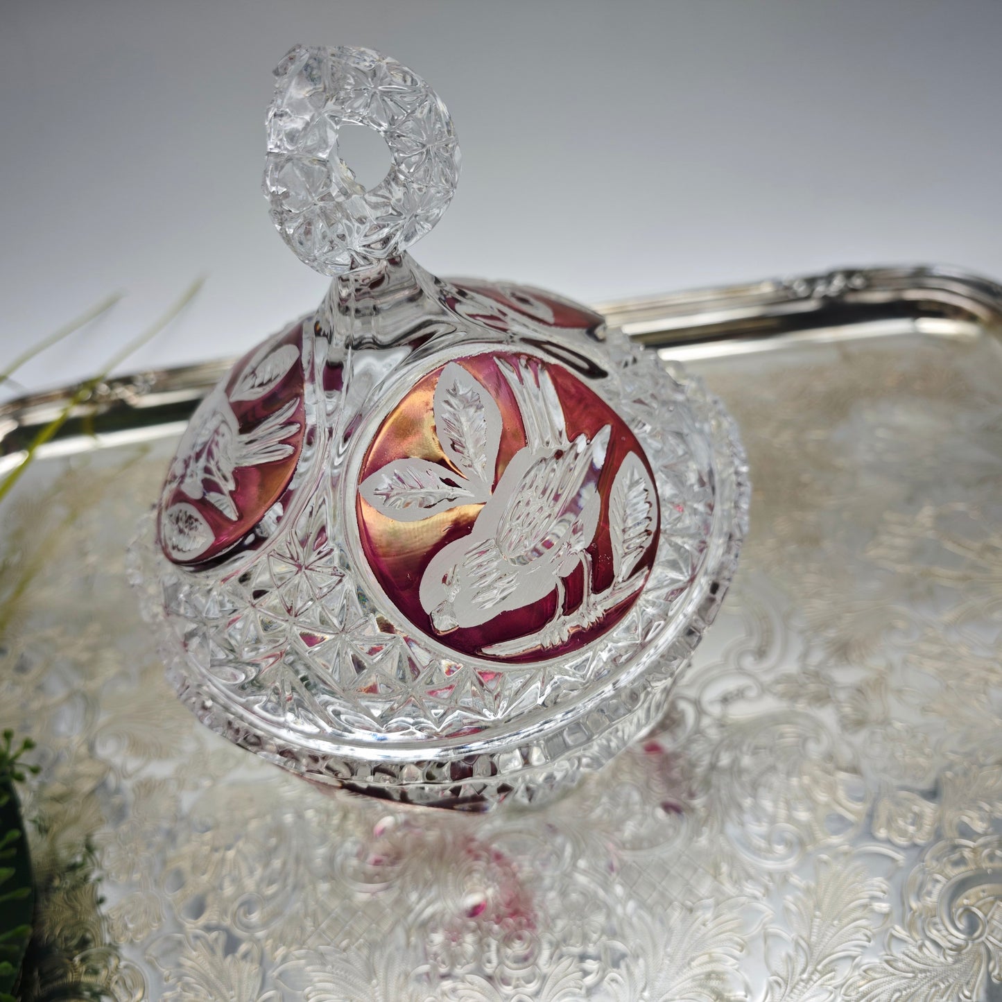 Bonboniere crystal glass cut bird red lead crystal sparkling crystal noble festive vintage sugar bowl candy bowl