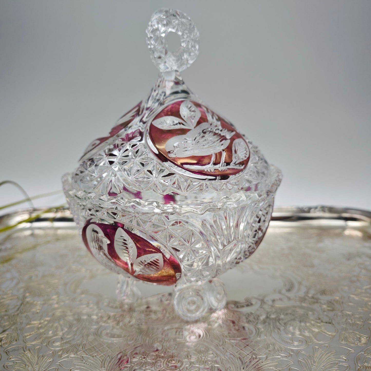 Bonboniere crystal glass cut bird red lead crystal sparkling crystal noble festive vintage sugar bowl candy bowl