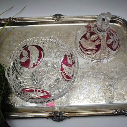 Bonboniere crystal glass cut bird red lead crystal sparkling crystal noble festive vintage sugar bowl candy bowl