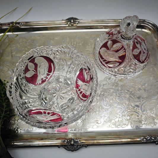 Bonboniere crystal glass cut bird red lead crystal sparkling crystal noble festive vintage sugar bowl candy bowl