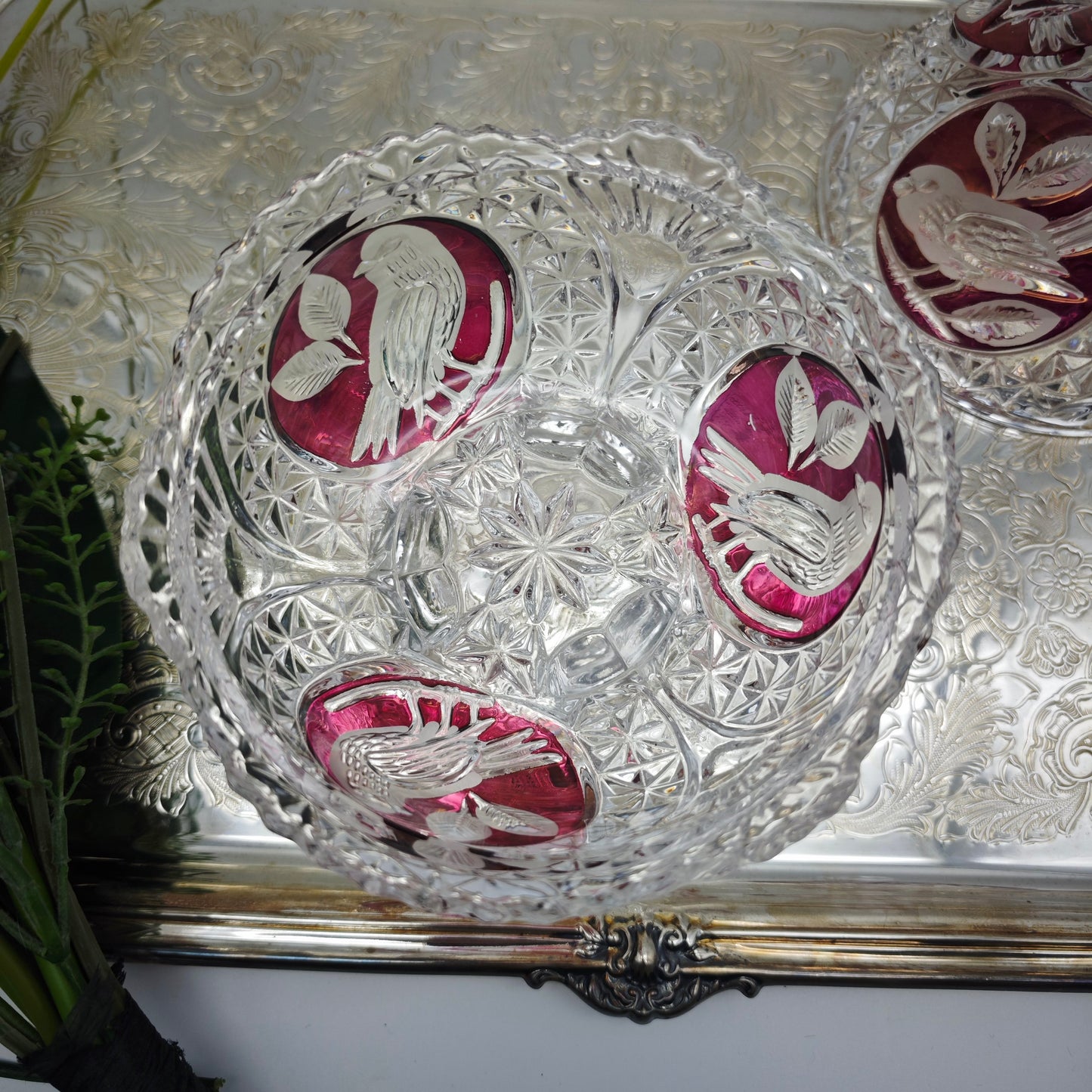 Bonboniere crystal glass cut bird red lead crystal sparkling crystal noble festive vintage sugar bowl candy bowl