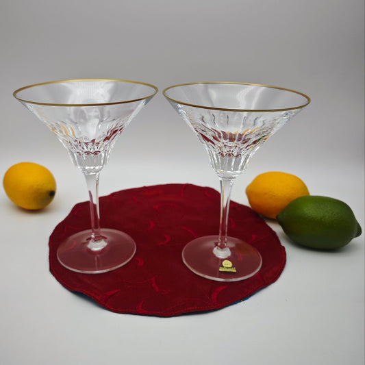 2x Martini glass gold rim dragon model crystal glass lead crystal hand cut vintage midcentury cocktail glasses Hollywood Regency