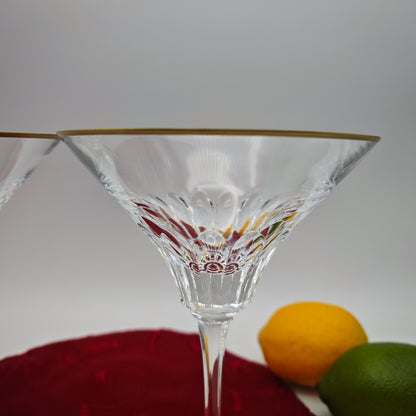 2x Verre à Martini bord doré modèle dragon verre cristal au plomb cristal taillé à la main verres à cocktail vintage du milieu du siècle Hollywood Regency